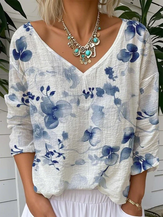 Women Floral V Neck Casual Long Sleeve T-shirt