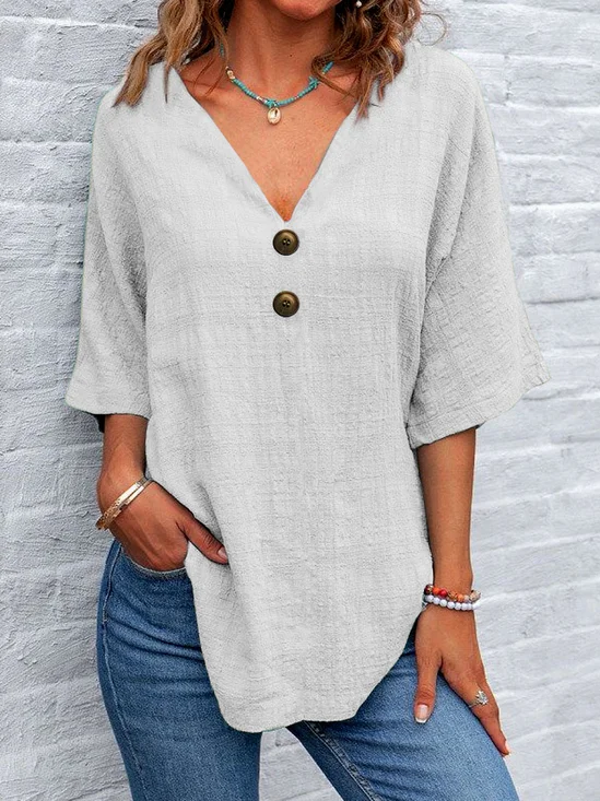 Women Plain V Neck Casual Short Sleeve T-shirt