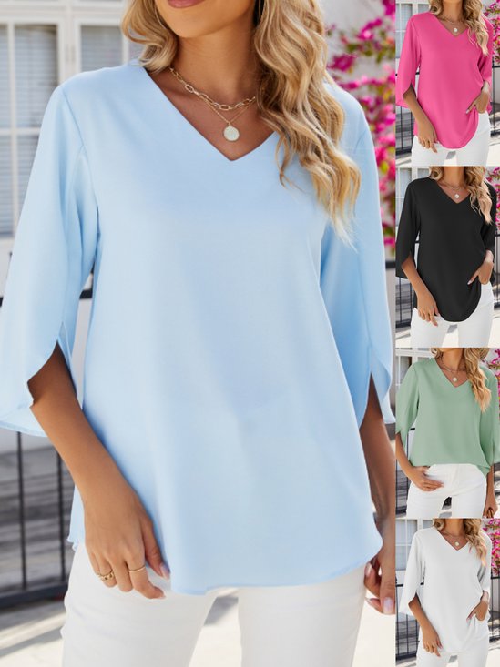 Women's Half Sleeve Shirt Summer Sky Blue Plain Split Joint Ice Silk V Neck Daily Going Out Casual Top