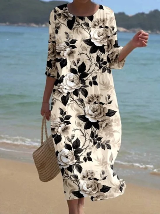 Vacation Floral Crew Neck Maxi Dress