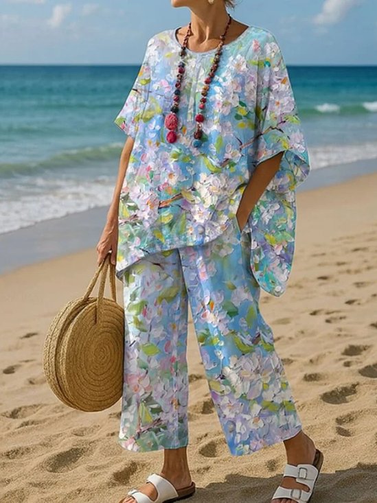 Women's Oil Painting Flowers Print T-shirt And Pants Two Piece Set