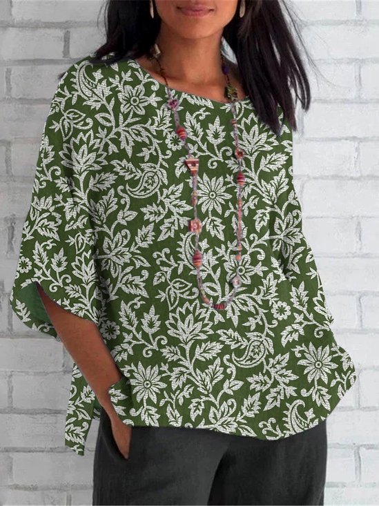Women Floral Crew Neck Casual Long Sleeve T-shirt
