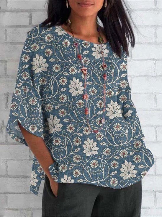 Women Floral Crew Neck Casual Long Sleeve T-shirt