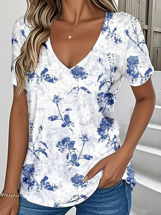 Women Floral V Neck Casual Short Sleeve T-shirt