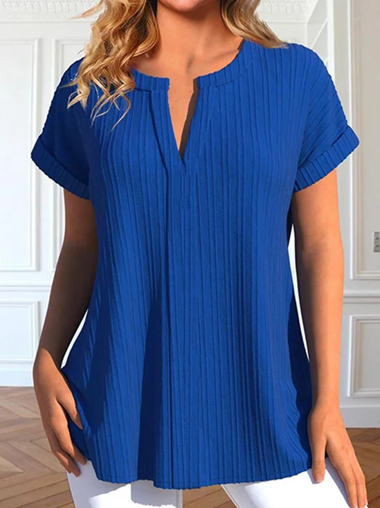Notched Cotton Elegant Plain Blouse