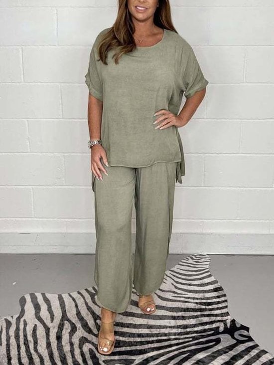 Women's Plain Daily Going Out Two-Piece Set Beige Casual Summer Top With Pants Matching Set