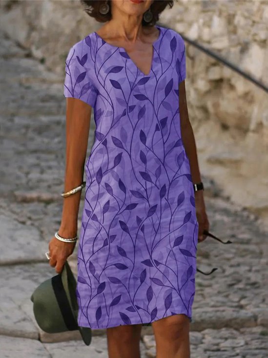 Casual Leaf Printing V Neck Midi Dress