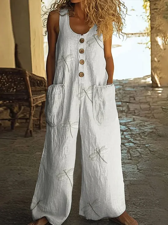 Women's H-Line Overall Crew Neck Daily Going Out Casual Printing Dragonfly Summer Long Jumpsuit Romper