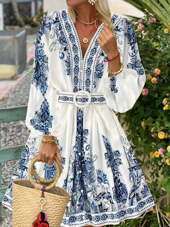 Vacation Floral V Neck Midi Dress With Belt