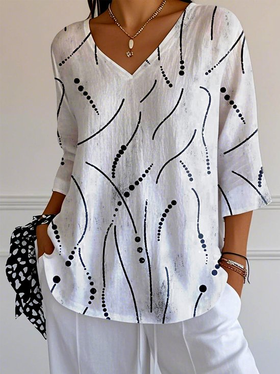Women Striped V Neck Casual Three Quarter Sleeve T-shirt