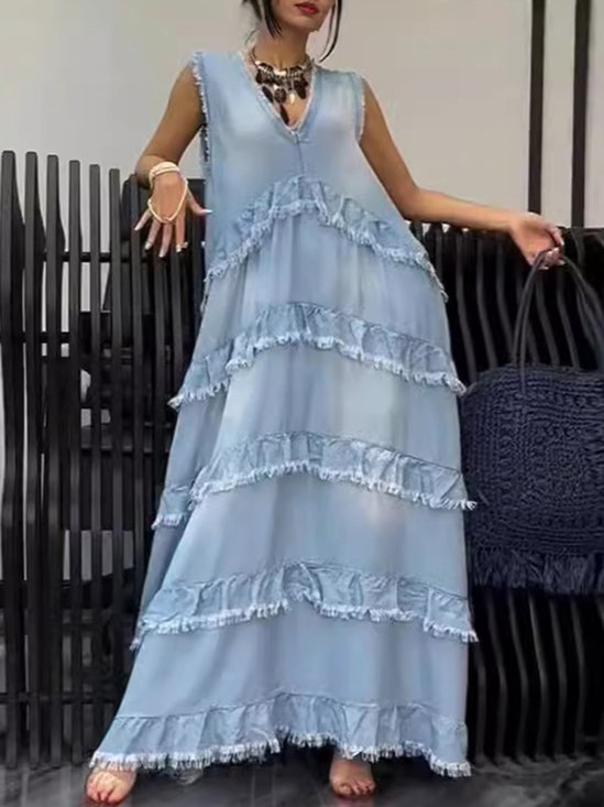 Casual Plain V Neck Maxi Dress