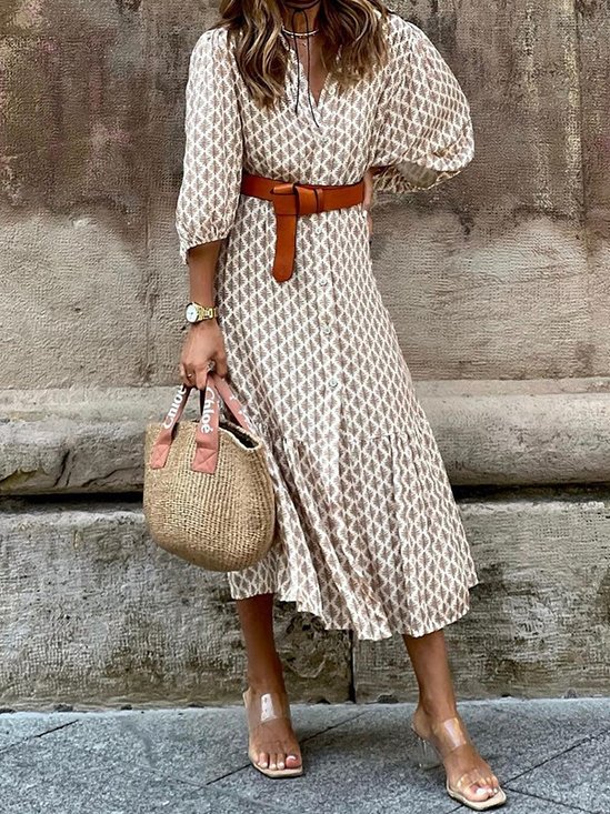 Women's Short Sleeve Summer Khaki Geometric Printing V Neck Puff Sleeve Daily Going Out Casual Maxi A-Line Shirt Dress Dress