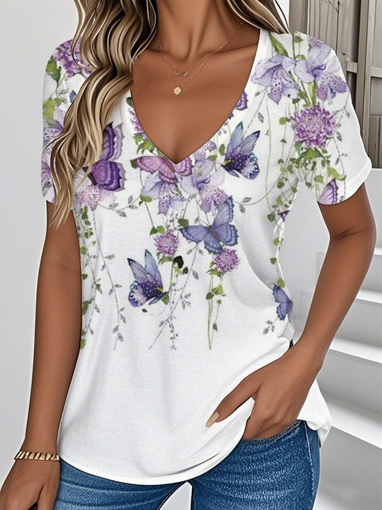 Women Floral V Neck Casual Short Sleeve T-shirt