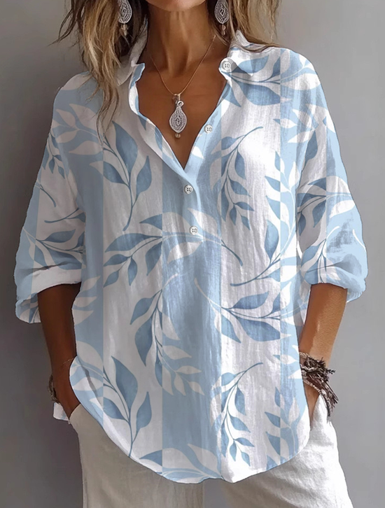 Women's Long Sleeve Shirt Spring/Fall Blue Floral Printing Shirt Collar Daily Going Out Casual Top
