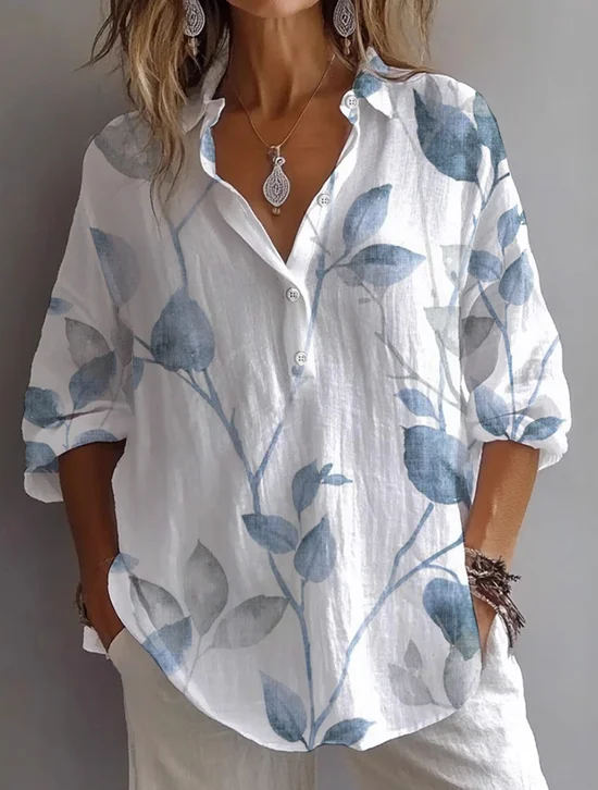 Women's Long Sleeve Shirt Spring/Fall White Floral Printing Shirt Collar Daily Going Out Casual Top