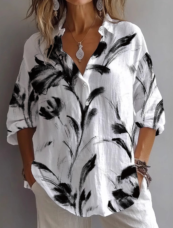 Women's Long Sleeve Shirt Spring/Fall White Floral Printing Shirt Collar Daily Going Out Casual Top