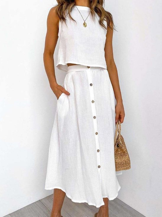 Casual Plain Crew Neck Two-Piece Set