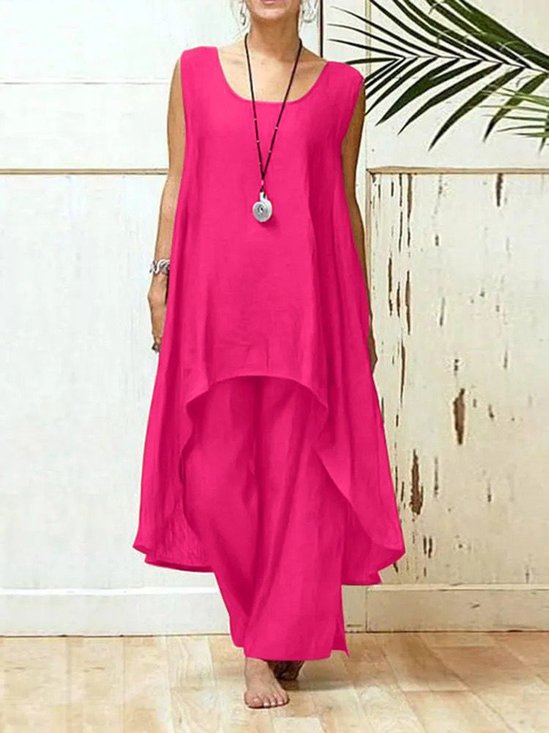 Casual Plain Crew Neck Two-Piece Set