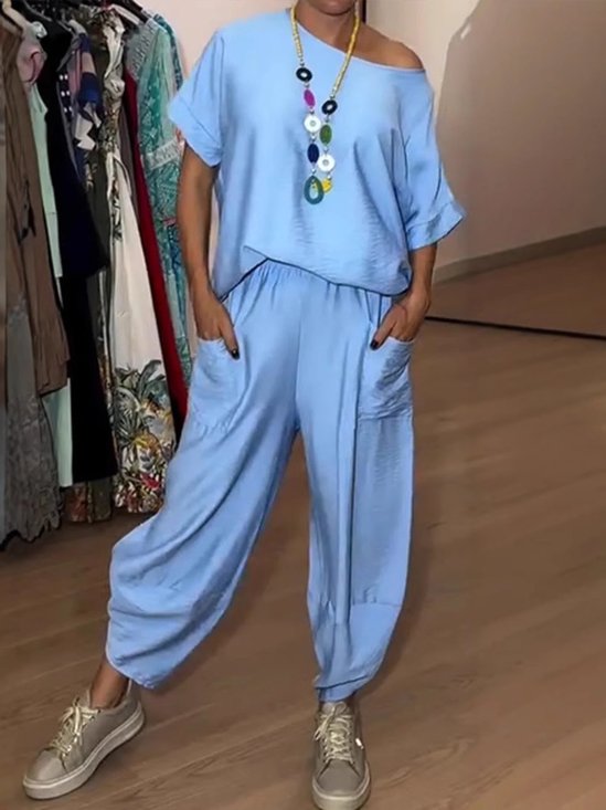 Casual Plain Crew Neck Two-Piece Set