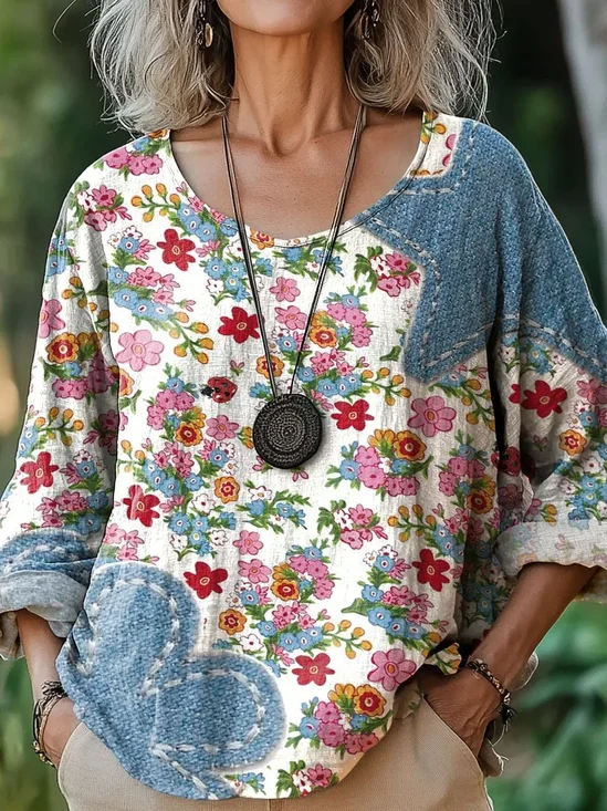 Women Floral Crew Neck Casual Three Quarter Sleeve T-shirt