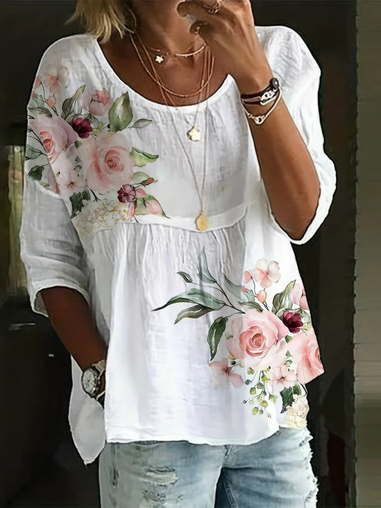 Women's Half Sleeve Shirt Summer White Floral Printing Crew Neck Daily Going Out Casual Top