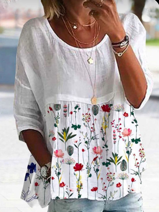 Women's Half Sleeve Shirt Summer White Floral Printing Crew Neck Daily Going Out Casual Top