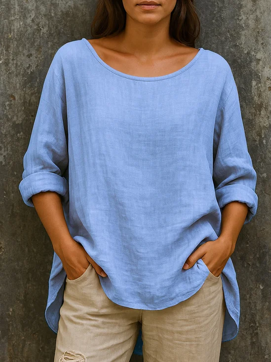 Women Plain Crew Neck Casual Long Sleeve T-shirt