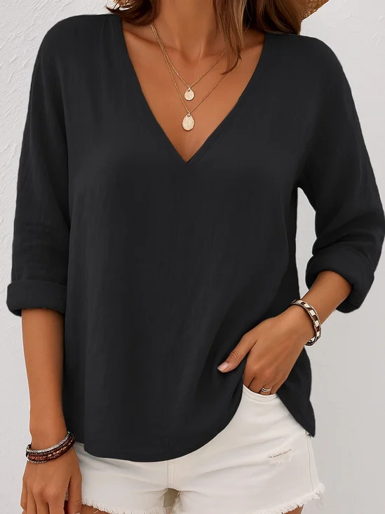 Women Plain V Neck Casual Long Sleeve T-shirt