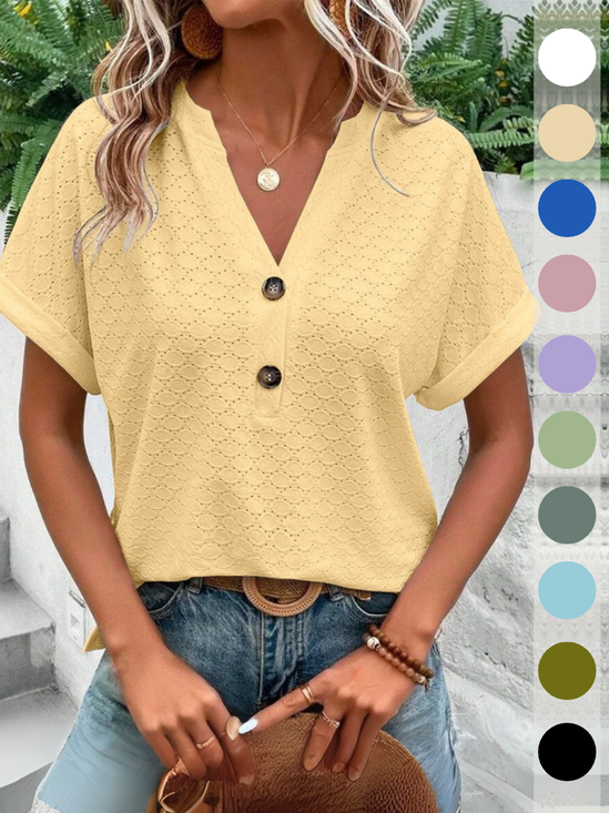 Women Plain V Neck Casual Short Sleeve T-shirt