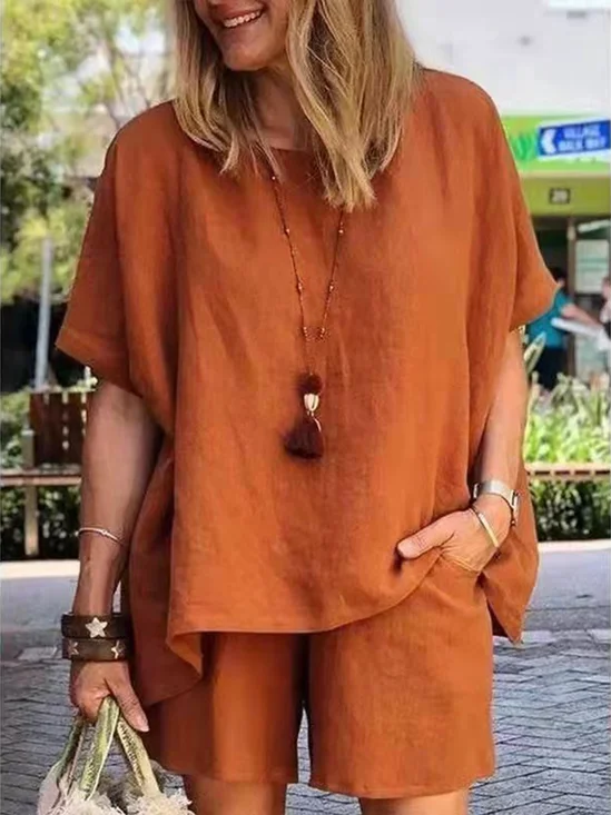Casual Plain Crew Neck Two-Piece Set