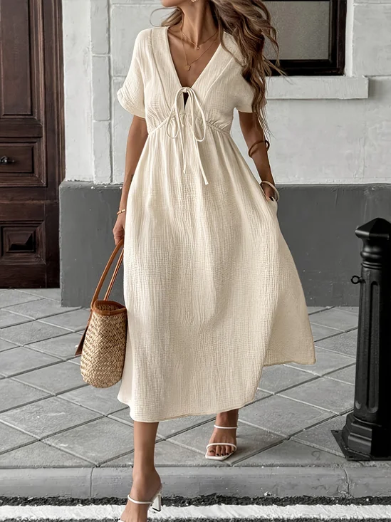 Vacation Plain Lace-up V Neck Maxi Dress