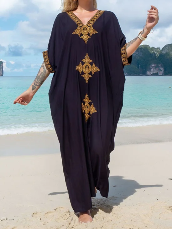 Vacation Ethnic V Neck Maxi Dress