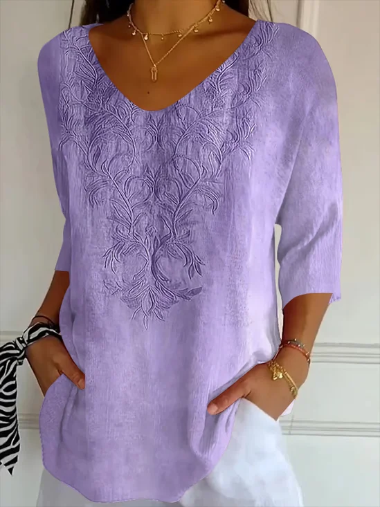 Women Floral V Neck Casual Three Quarter Sleeve T-shirt