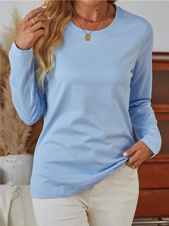 Women Plain Crew Neck Casual Long Sleeve T-shirt