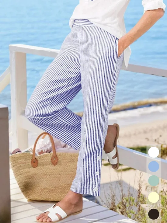 Women's  Elastic Waist H-Line Wide Leg Pants Daily Going Out Pants Blue Casual Split Joint Striped Spring/Fall Pants