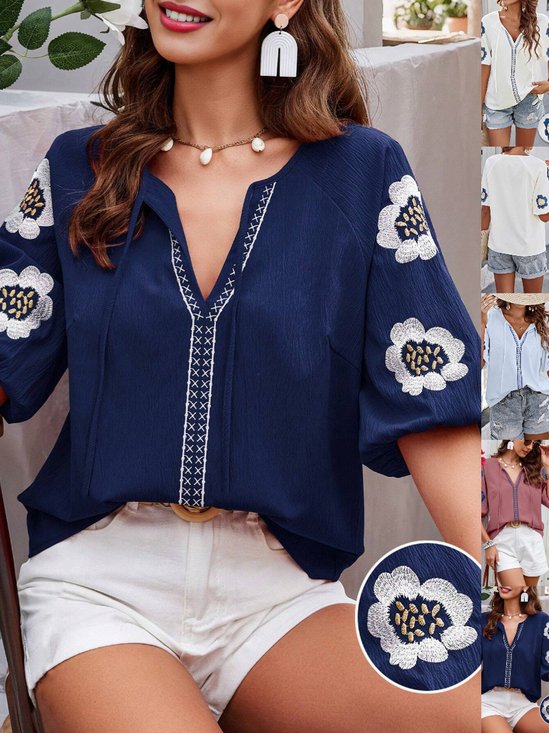 Women's Half Sleeve Shirt Summer Light Blue Plain Split Joint V Neck Daily Going Out Casual Top