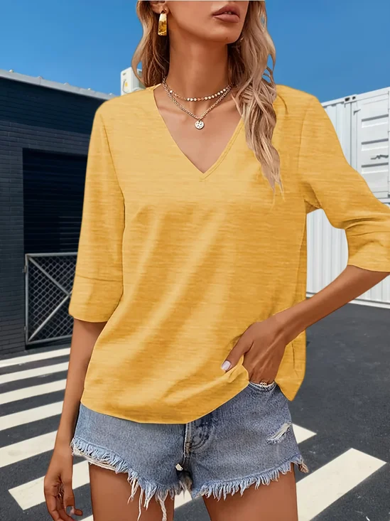 Women Plain V Neck Casual Three Quarter Sleeve T-shirt