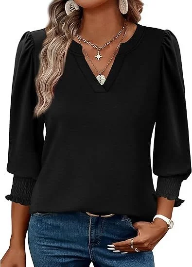 Women Geometric V Neck Casual Three Quarter Sleeve T-shirt