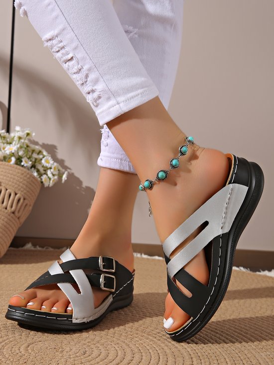 Contrast Stitching Summer Simple Pu Slide Sandals