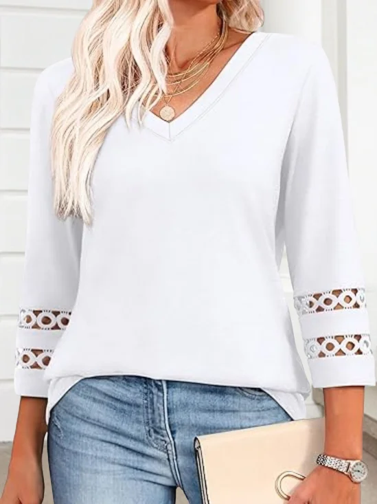 Women Plain V Neck Casual Three Quarter Sleeve T-shirt