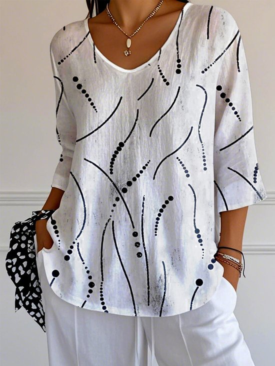 Women Striped V Neck Casual Three Quarter Sleeve T-shirt