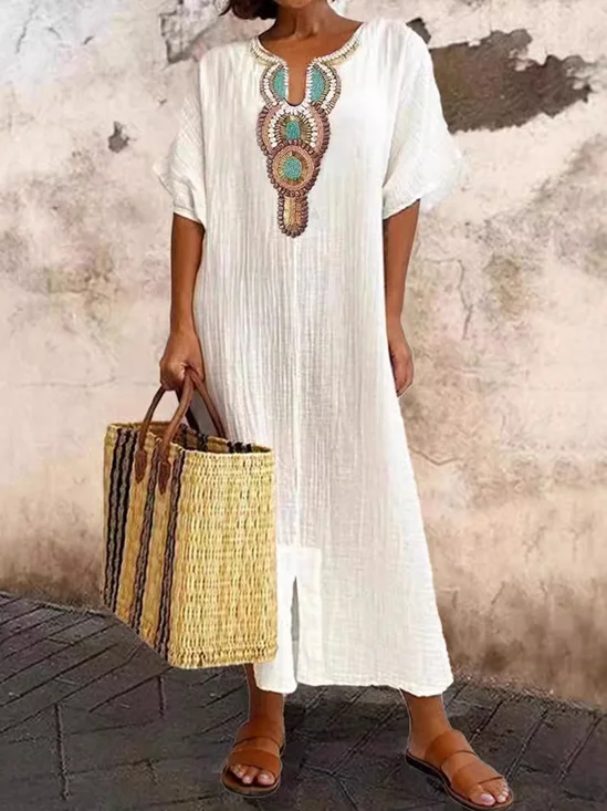 Vacation Raglan Sleeves Embroidery Maxi Dress