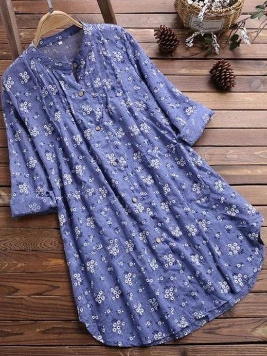 Women's Long Sleeve Shirt Spring/Fall White Floral Printing Stand Collar Daily Going Out Casual Top