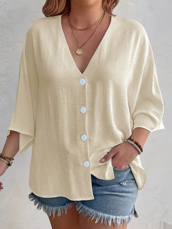 Women's Three Quarter Sleeve Shirt Spring/Fall Apricot Plain Buckle V Neck Daily Going Out Casual Cardigan