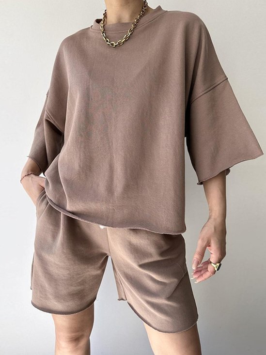 Casual Plain Crew Neck Two-Piece Set