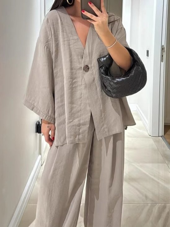 Casual Plain V Neck Two-Piece Set