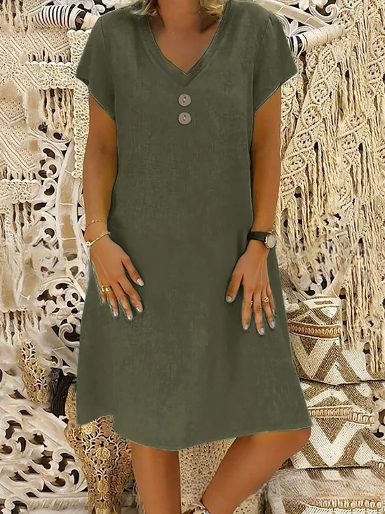 Casual Plain V Neck Midi Dress