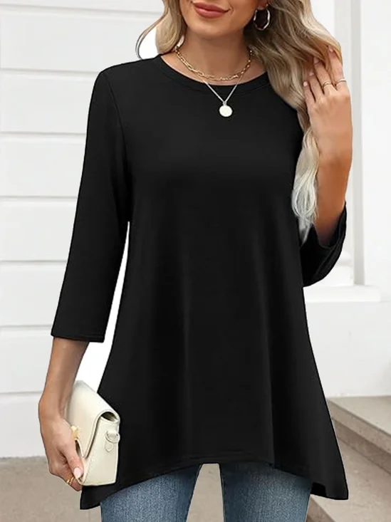 Women Plain Crew Neck Casual Three Quarter Sleeve T-shirt