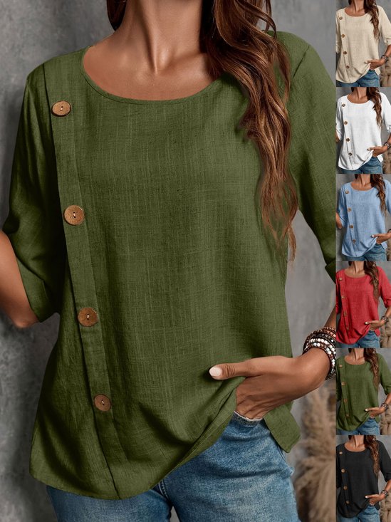 Women's Half Sleeve Blouse Summer Army Green Plain Split Joint Linen Crew Neck Daily Going Out Casual Top