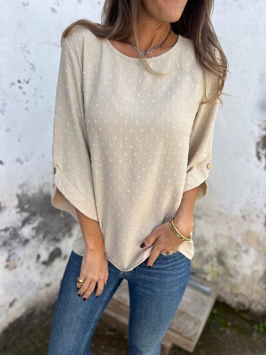 Women Polka Dots Crew Neck Casual Three Quarter Sleeve T-shirt